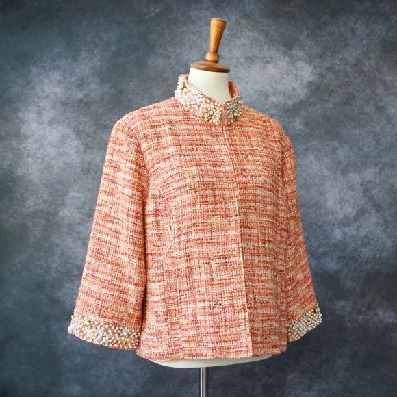 NWT Chico's Tweed Orange Boucle Pearl Sequin Collar Jacket Size 3 US Size L